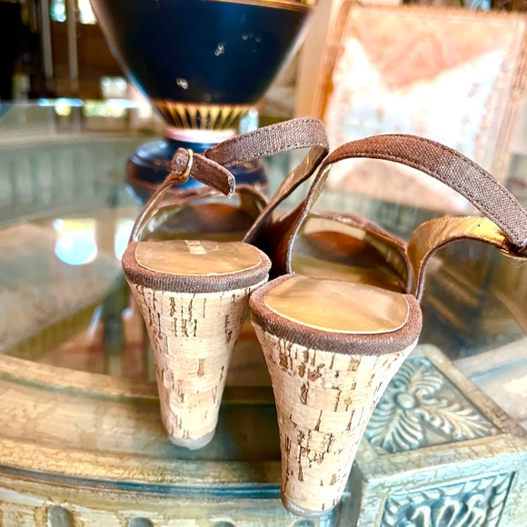 Nine West Women’s Size 9 Linen Blend Brown Strap with Cork Wedge Heels/Boho - Picture 5 of 6